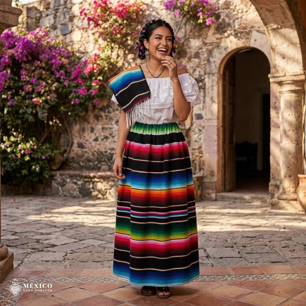 Traditional Mexican Sarape Dress Set, 3 Piece Outfit with Blouse, Skirt & Rebozo
